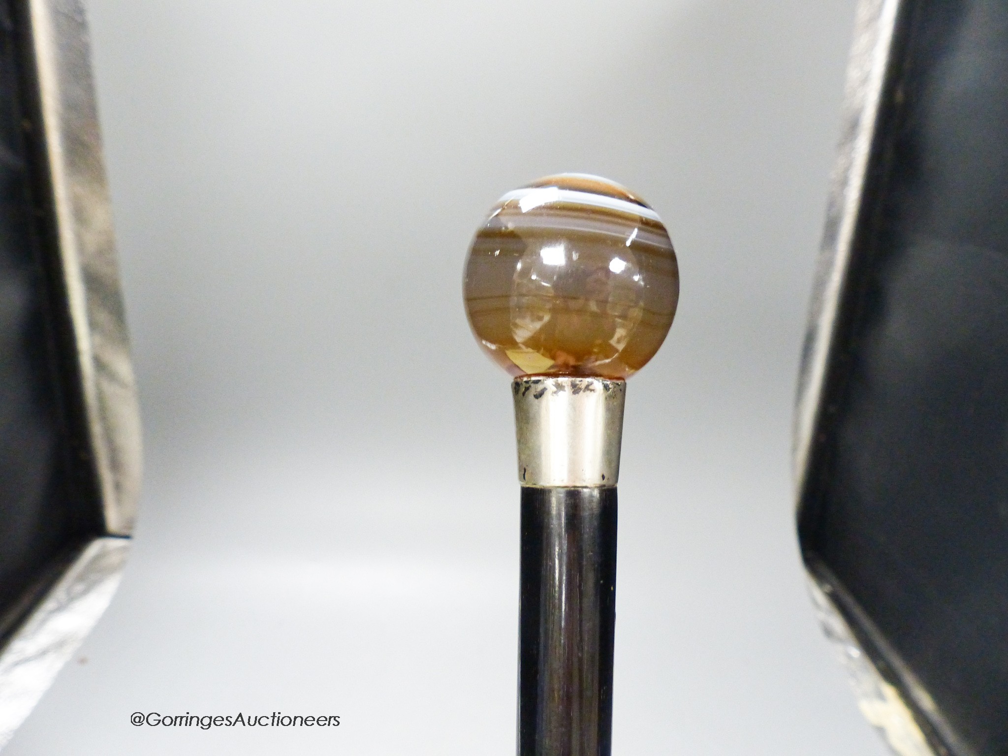 A late Victorian banded agate ball top cane, maker’s mark RB, London 1891, 91cm